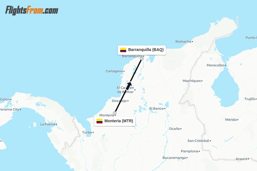 Flights from Monteria to Barranquilla route map