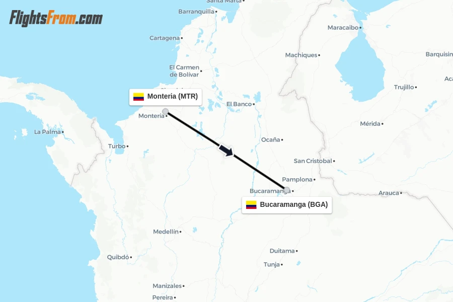 Flights from Monteria to Bucaramanga route map