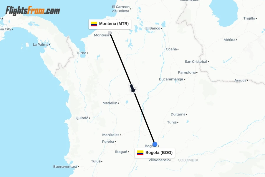 Flights from Monteria to Bogota route map