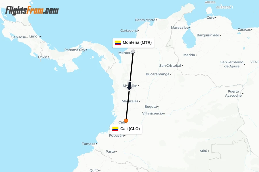 Flights from Monteria to Cali route map