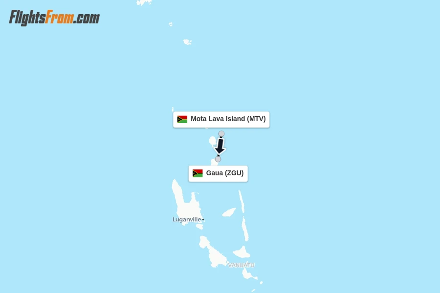 Flights from Mota Lava Island to Gaua route map