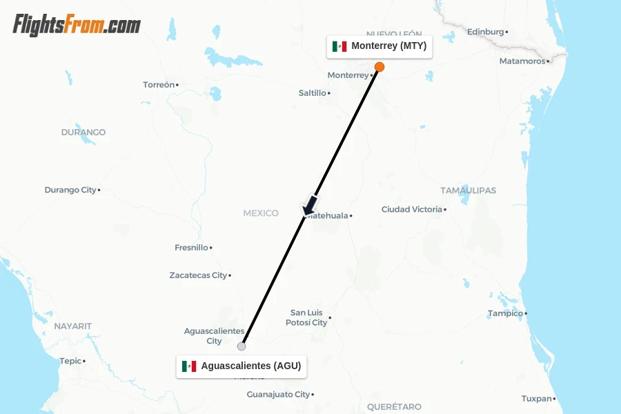 Flights from Monterrey to Aguascalientes route map