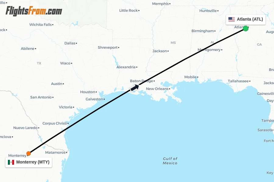 Flights from Monterrey to Atlanta route map