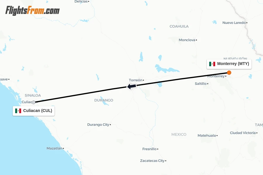 Flights from Monterrey to Culiacan route map