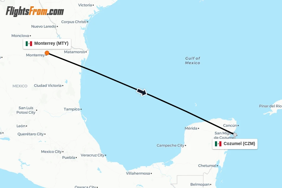 Flights from Monterrey to Cozumel route map