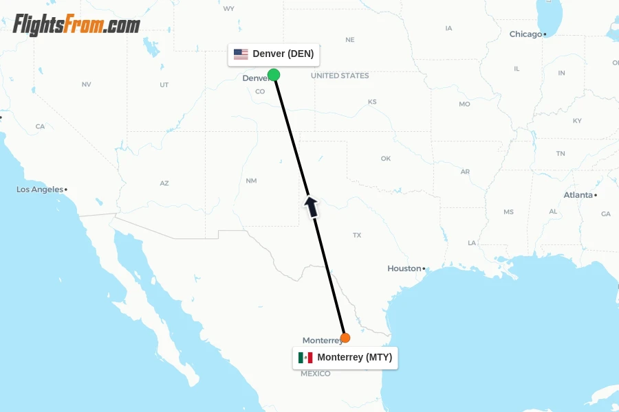 Flights from Monterrey to Denver route map