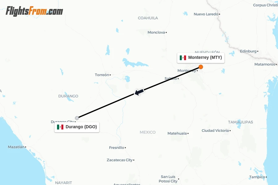Flights from Monterrey to Durango route map