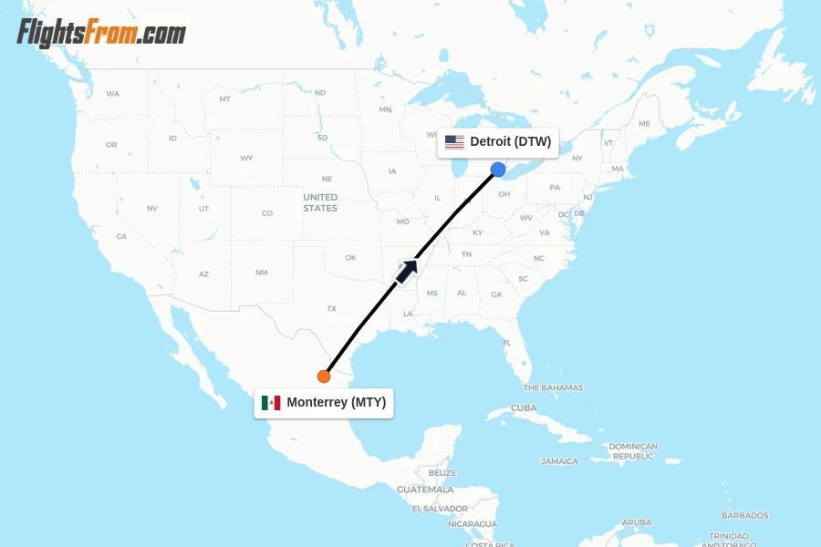 Flights from Monterrey to Detroit route map