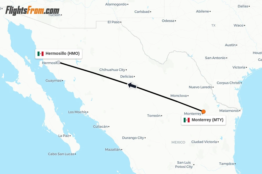 Flights from Monterrey to Hermosillo route map