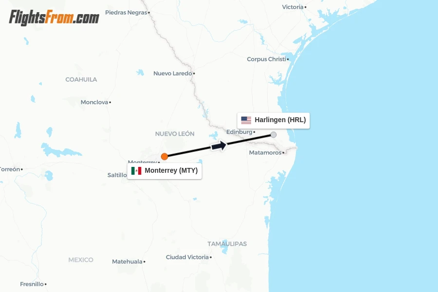 Flights from Monterrey to Harlingen route map