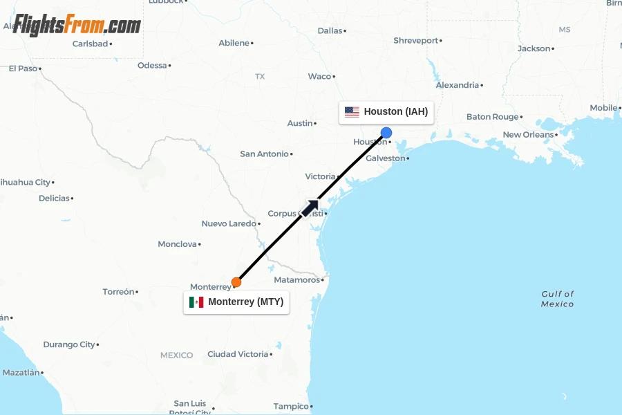 Flights from Monterrey to Houston route map
