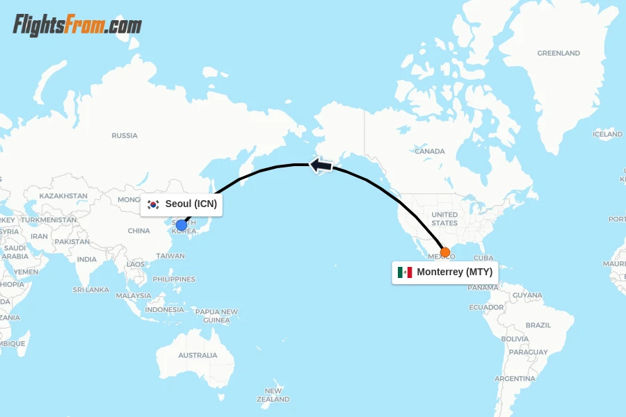 Flights from Monterrey to Seoul route map