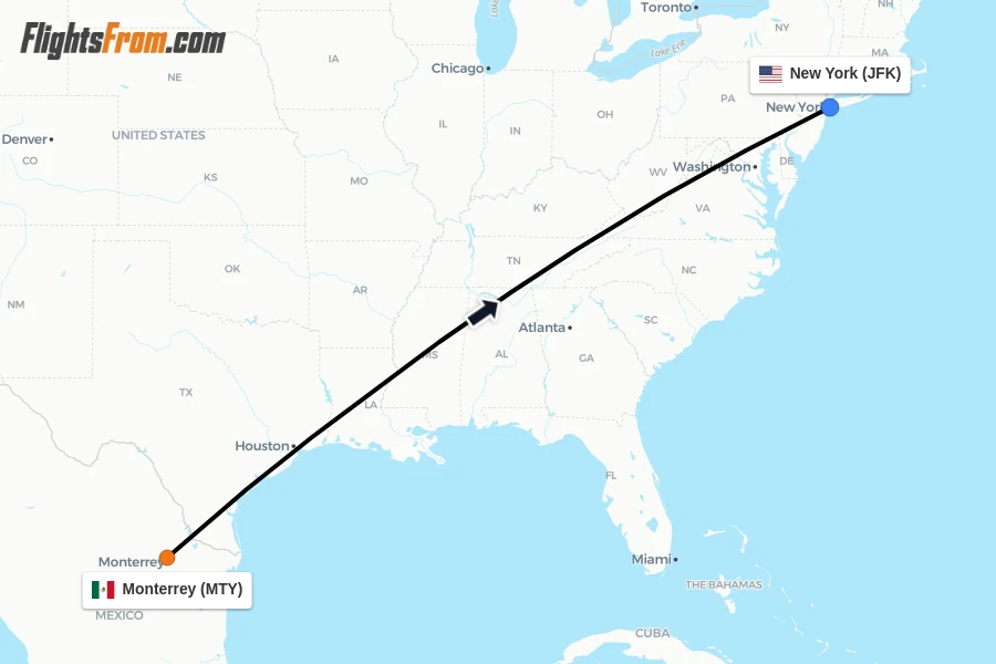 Flights from Monterrey to New York route map