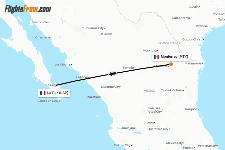 Flights from Monterrey to La Paz route map