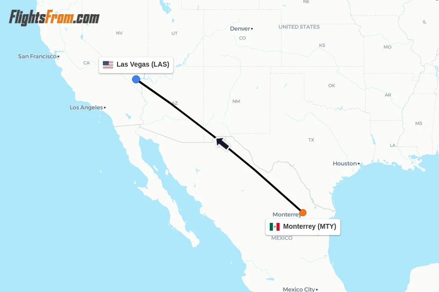 Flights from Monterrey to Las Vegas route map