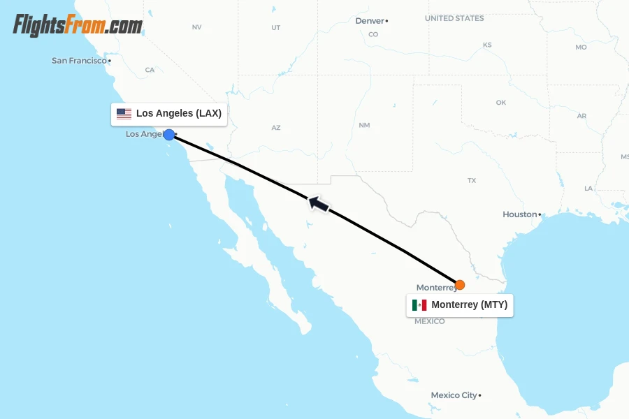 Flights from Monterrey to Los Angeles route map