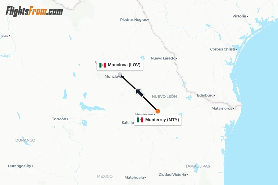 Flights from Monterrey to Monclova route map