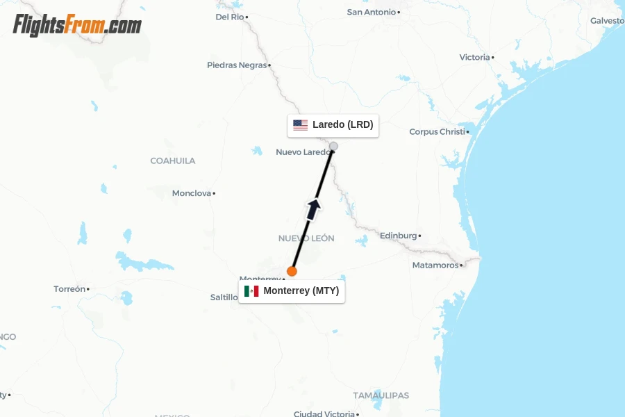 Flights from Monterrey to Laredo route map