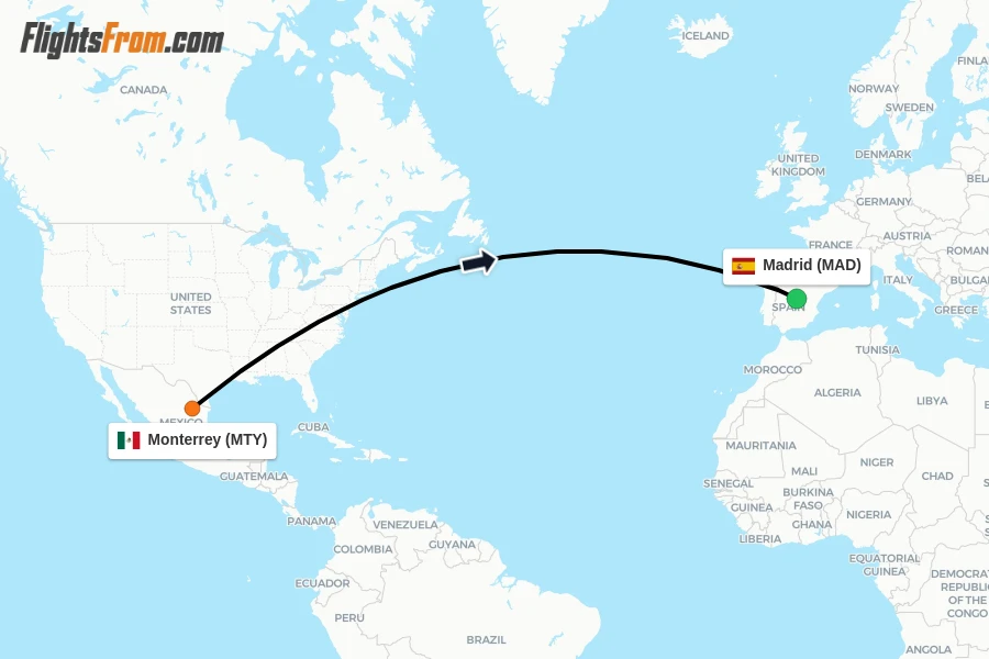 Flights from Monterrey to Madrid route map