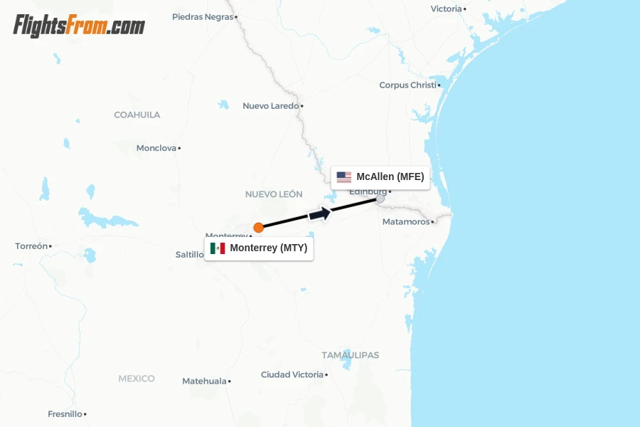 Flights from Monterrey to McAllen route map