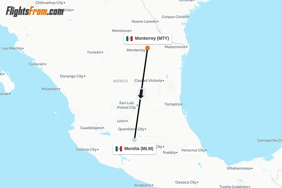 Flights from Monterrey to Morelia route map