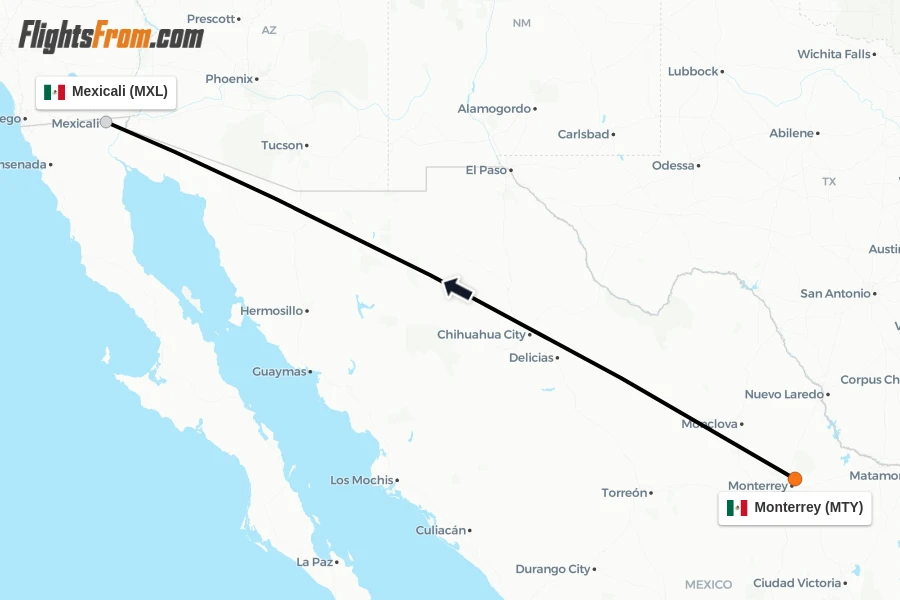 Flights from Monterrey to Mexicali route map