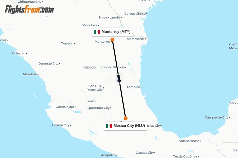 Flights from Monterrey to Mexico City route map