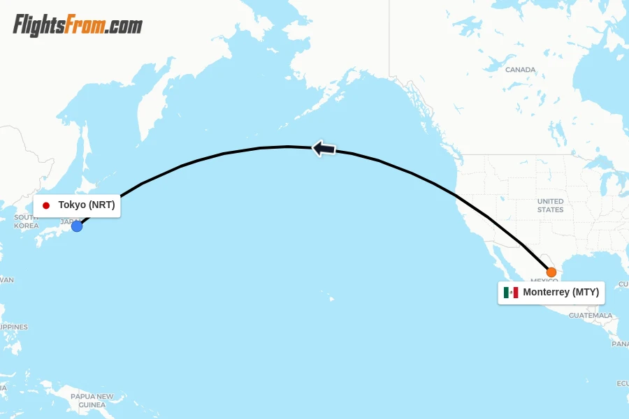 Flights from Monterrey to Tokyo route map