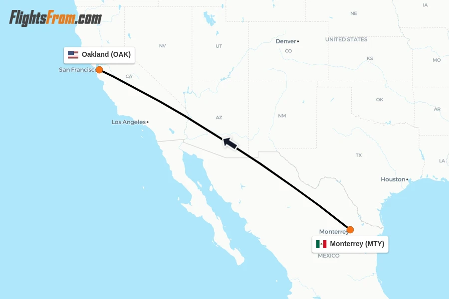 Flights from Monterrey to Oakland route map