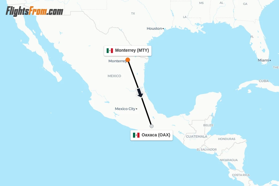 Flights from Monterrey to Oaxaca route map