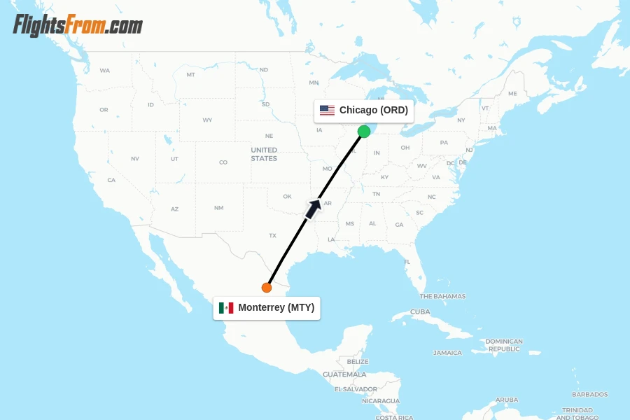 Flights from Monterrey to Chicago route map