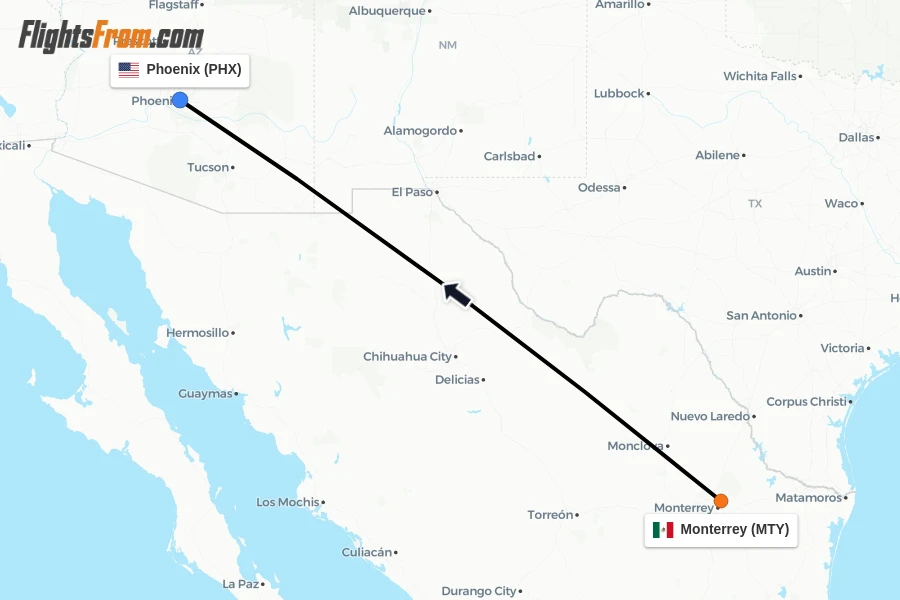 Flights from Monterrey to Phoenix route map