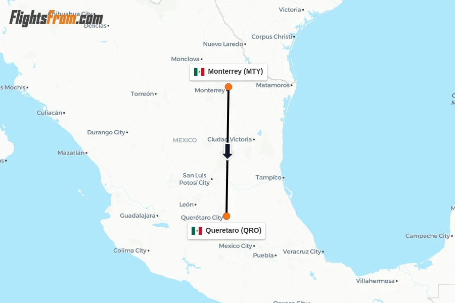 Flights from Monterrey to Queretaro route map