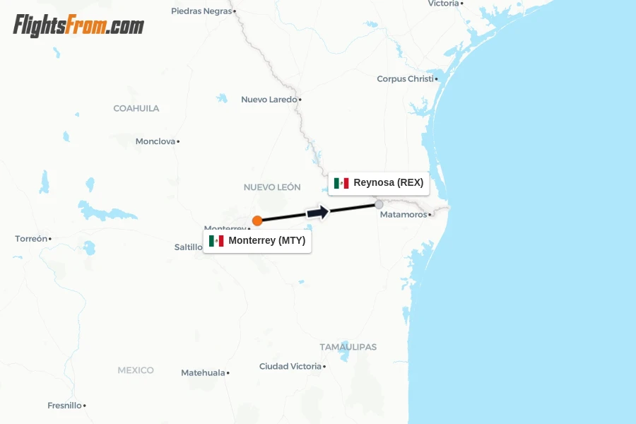 Flights from Monterrey to Reynosa route map