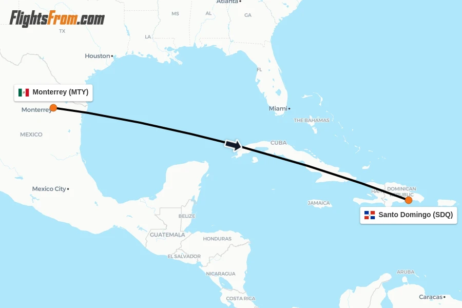Flights from Monterrey to Santo Domingo route map