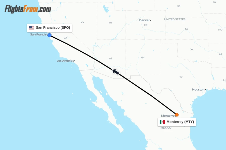 Flights from Monterrey to San Francisco route map