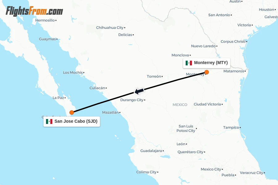 Flights from Monterrey to San Jose Cabo route map