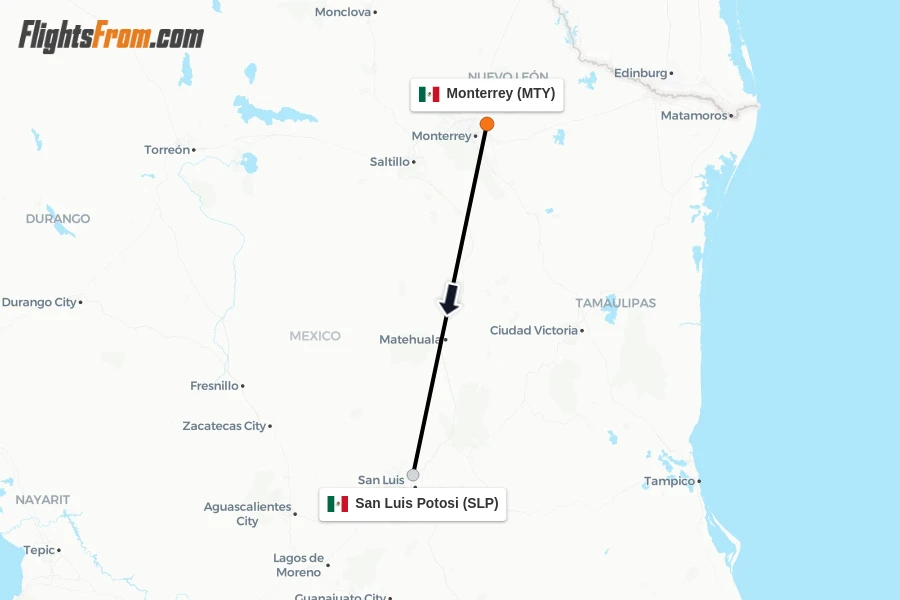 Flights from Monterrey to San Luis Potosi route map