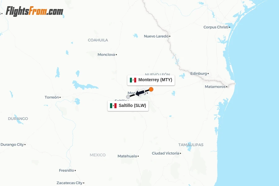 Flights from Monterrey to Saltillo route map