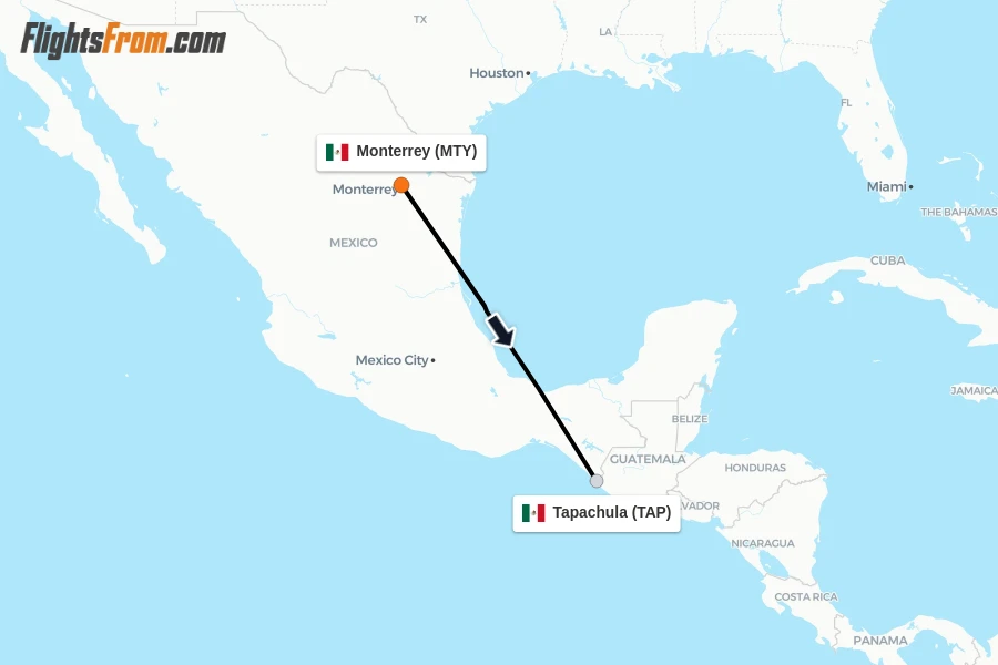 Flights from Monterrey to Tapachula route map