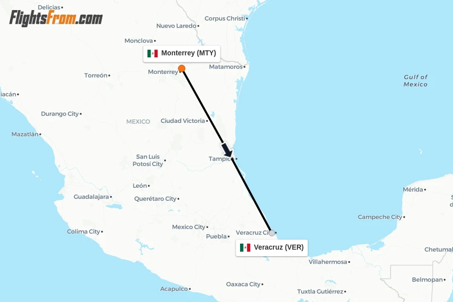 Flights from Monterrey to Veracruz route map