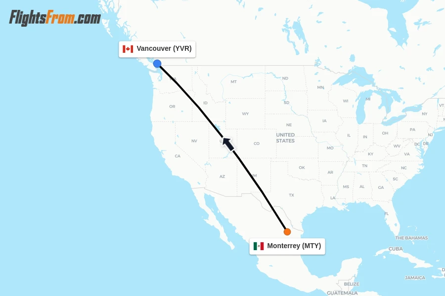 Flights from Monterrey to Vancouver route map