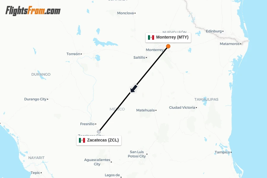 Flights from Monterrey to Zacatecas route map