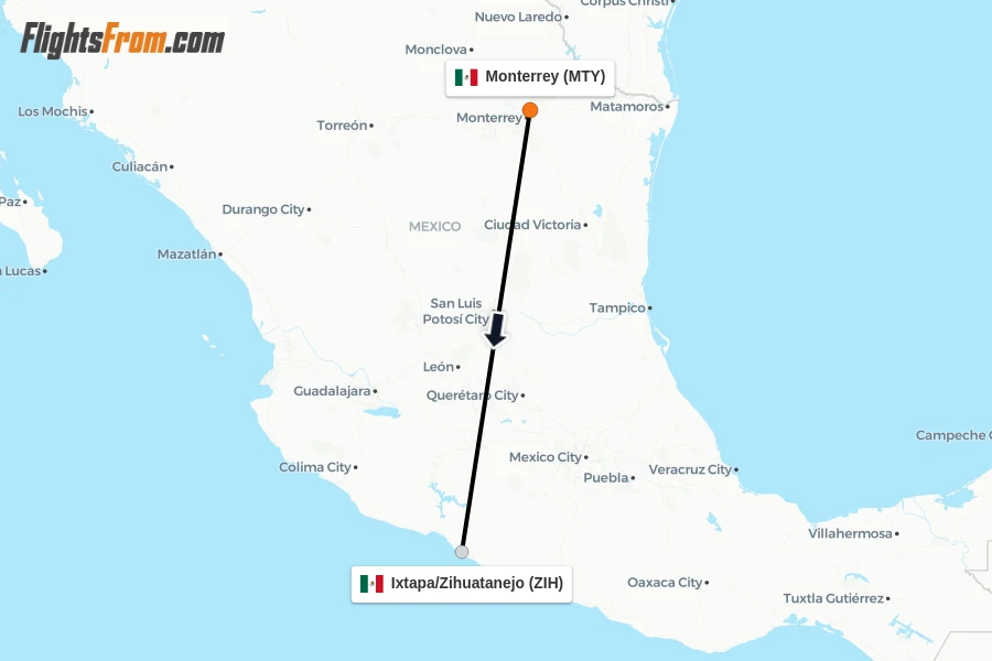 Flights from Monterrey to Ixtapa/Zihuatanejo route map