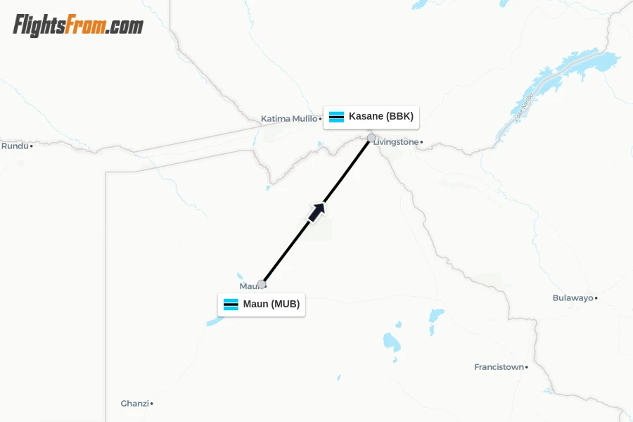Flights from Maun to Kasane route map