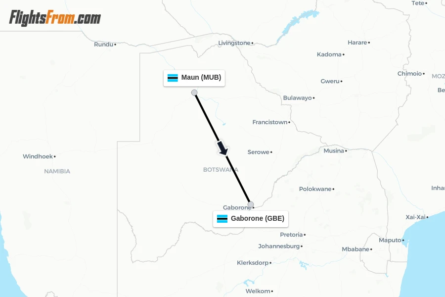 Flights from Maun to Gaborone route map