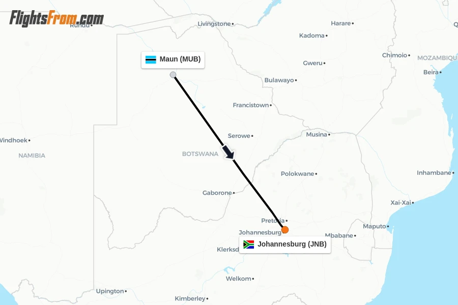 Flights from Maun to Johannesburg route map