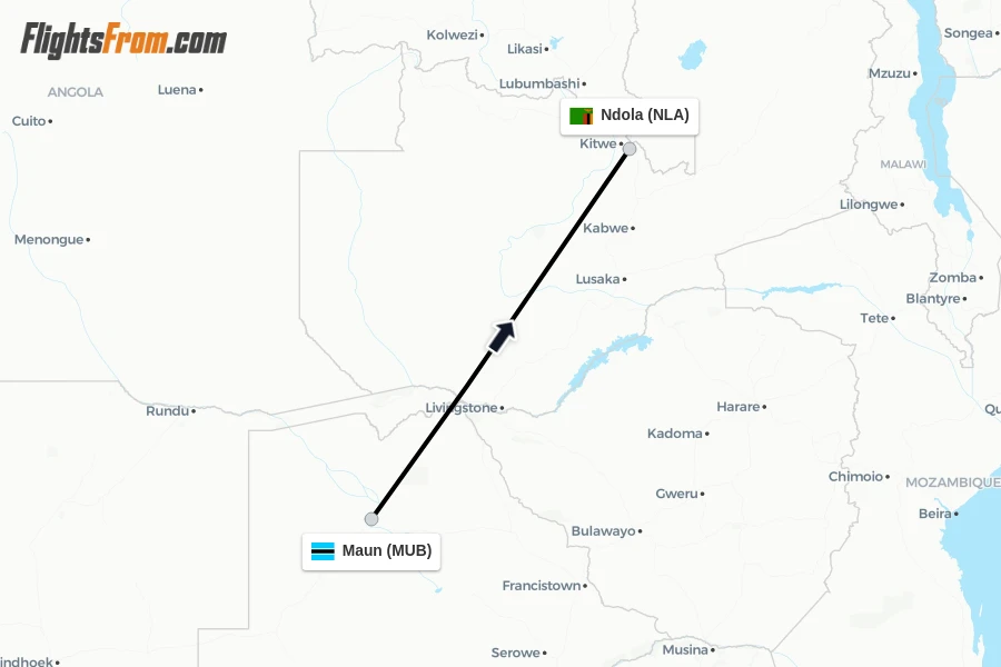 Flights from Maun to Ndola route map