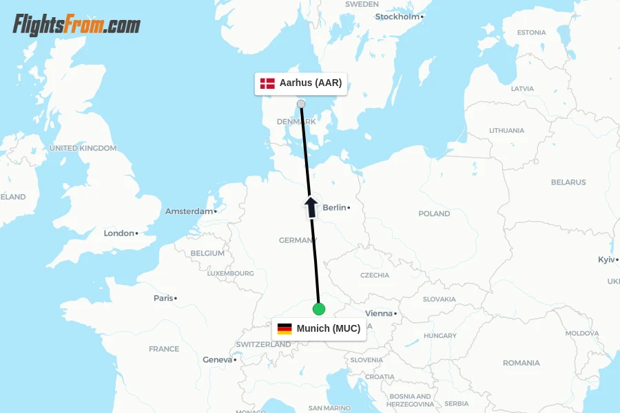 Flights from Munich to Aarhus route map