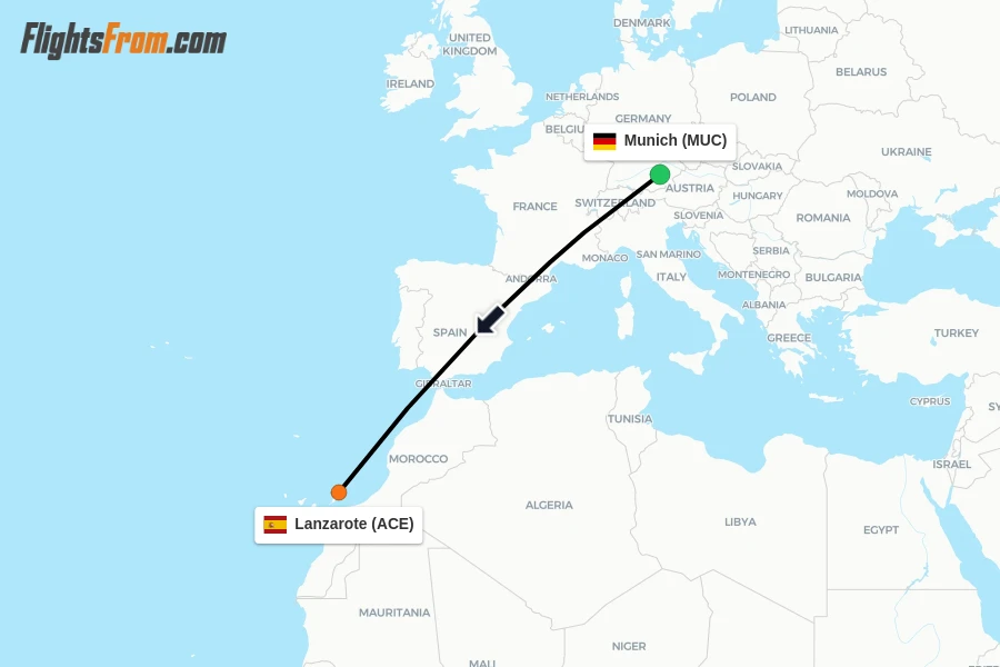 Flights from Munich to Lanzarote route map